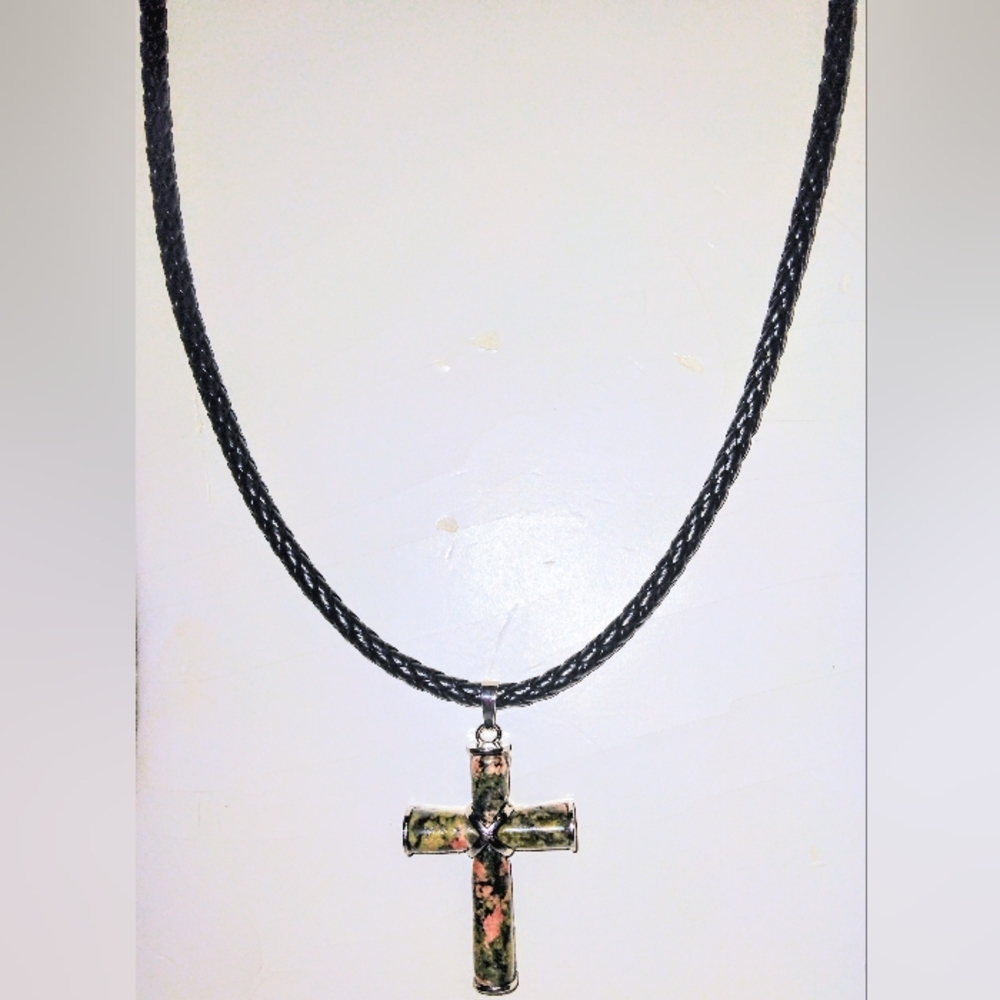 Elegant Natural Unakite Stone Silver Cross Pendant Leather Cord Necklace